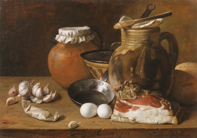 A still life of ham and eggs by Luis Egidio Melendez